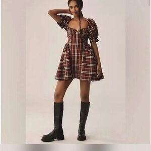 Maeve Red Plaid Puff-Sleeve Mini Dress NWT